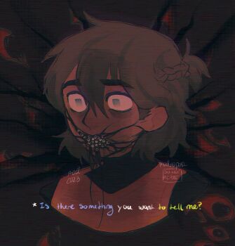 1boy 2023 alternate_hairstyle alternate_universe artist_name brown_hair commentary dark-skinned_male dark_skin english_commentary english_text highres looking_ahead madnopost male_focus omariposa omori portrait solo something_(omori)