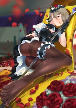 black_pantyhose brown_hair cameltoe commentary fake_horns highres holding honkai_(series) honkai_impact_3rd horns looking_at_viewer maid maid_headdress pantyhose pink_eyes rita_rossweisse rita_rossweisse_(umbral_rose) short_hair suppa_(hagakuresuppa)