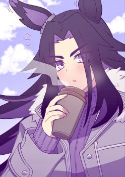 1girl animal_ears black_hair blue_sky blush cloud coat cup disposable_coffee_cup disposable_cup fenomeno_(umamusume) flipped_hair fur_trim highres holding holding_cup horse_ears horse_girl long_hair long_sleeves looking_at_viewer multicolored_hair open_mouth outdoors parted_lips purple_coat purple_eyes purple_hair purple_sweater sky steam sweater umamusume upper_body w3n6e