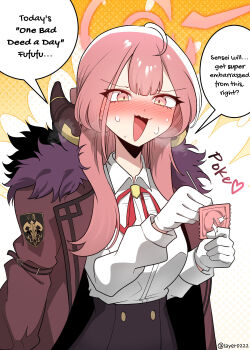 1girl aru_(blue_archive) blue_archive blush condom condom_wrapper english_text hard-translated highres layer_(layer_illust) long_hair needle open_mouth solo sweatdrop third-party_edit translated