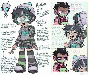 2boys alien black_hair blue_eyes dark-skinned_male dark_skin english_text gir_(dog_costume)_(invader_zim) gir_(invader_zim) gir_(robot)_(invader_zim) glass grey_shirt invader_zim jhonen_vasquez_(style) linterteatime multiple_boys personification robot shirt square_eyes stick upper_body zim_(invader_zim)