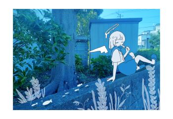 Rule 34 | 1girl, absurdres, angel, arm support, blue sailor collar, blue skirt, blue slippers, border, building, closed eyes, closed mouth, colored skin, commentary, day, detached wings, fish, food, halo, highres, holding, holding food, holding popsicle, knees up, medium hair, melting halo, neckerchief, on wall, original, outdoors, photo background, plant, popsicle, sailor collar, sailor shirt, school uniform, serafuku, shirt, sitting, skirt, slippers, solo, sskitaco, stone wall, summer uniform, tree, wall, white border, white hair, white neckerchief, white shirt, white skin, wide shot, wings