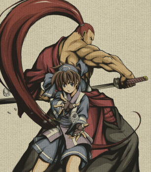 Rule 34 | 1boy, 1girl, blue eyes, blue shorts, brown background, brown hair, fingerless gloves, gloves, hair ribbon, hairband, hakama, hakama skirt, height difference, high ponytail, ice, itouei, japanese clothes, kibagami genjuro, long hair, magic, md5 mismatch, muscular, ponytail, red hair, resolution mismatch, ribbon, rimururu, samurai spirits, short hair, shorts, single bare shoulder, size difference, skirt, snk, source larger, sword, weapon