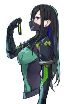 1girl black_hair black_mask blue_hair bodysuit breasts colored_inner_hair cosplay cropped_torso from_side green_bodysuit hair_between_eyes highres holding ichinose_uruha long_hair looking_at_viewer medium_breasts multicolored_hair purple_eyes ringozeri simple_background solo valorant viper_(valorant) viper_(valorant)_(cosplay) virtual_youtuber vspo! white_background