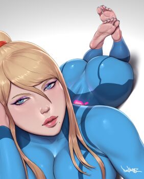 1girl ass barefoot blonde_hair blue_eyes feet long_hair looking_at_viewer lying metroid mole mole_under_mouth nintendo on_stomach pinkdrawz ponytail samus_aran skin_tight soles toes