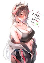 Rule 34 | 1girl, antenna hair, black jacket, black tank top, blush, breasts, brown hair, chestnut mouth, choker, cleavage, collarbone, cowboy shot, fifi (vtuber), horns, indie virtual youtuber, jacket, jacket partially removed, large breasts, like and retweet, long hair, looking at viewer, machulanko, meme, multicolored hair, navel, o-ring, o-ring choker, red eyes, sidelocks, simple background, solo, symbol-shaped pupils, tank top, twitter strip game (meme), two-tone hair, very long hair, virtual youtuber, white background
