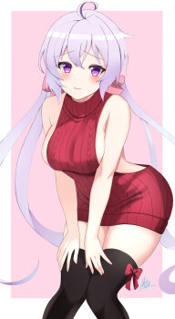 1girl ahoge bare_arms bare_shoulders black_thighhighs blush border bow breasts closed_mouth dress embarrassed feet_out_of_frame hair_between_eyes hands_on_own_legs highres knees_together_feet_apart large_breasts leaning_forward long_hair looking_at_viewer low_twintails oilen0731 outside_border pink_eyes purple_hair raised_inner_eyebrows red_background red_bow red_sweater ribbed_sweater senki_zesshou_symphogear sideboob sideless_outfit signature solo sweater sweater_dress thigh_bow thighhighs twintails very_long_hair virgin_killer_sweater wavy_mouth yukine_chris