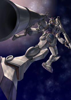 absurdres aiming aiming_at_viewer battle bazooka_(gundam) cloud dual_wielding earth_federation g-3_gundam gundam gundam_msv highres holding machinery mecha mecha_focus mobile_suit nebula no_humans perspective realistic robot science_fiction space user_gwrr2554 v-fin weapon yellow_eyes zero_gravity