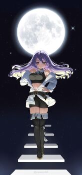 1girl absurdres belt black_nails black_shorts boots breasts colored_inner_hair commentary crop_top floating_stairs full_moon hand_on_own_hip highres hololive hololive_indonesia jacket large_breasts long_hair midriff moon moona_hoshinova multicolored_hair navel night purple_eyes purple_hair rem_moon shorts sky star_(sky) starry_hair starry_sky thigh_boots twitter_username virtual_youtuber white_jacket