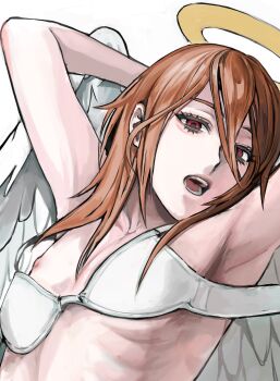 1boy angel_devil_(chainsaw_man) angel_wings armpits arms_up bra chainsaw_man commentary_request hajae halo highres korean_commentary long_hair looking_at_another male_focus nipples nude open_mouth red_eyes ribs simple_background skinny solo teeth tongue traditional_halo underwear white_background white_bra white_wings wings