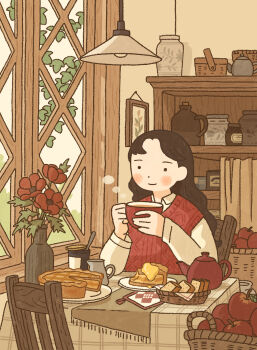 Rule 34 | 1girl, apple, autumn, brown hair, closed mouth, commentary, cup, flower, food, fruit, highres, holding, holding cup, indoors, long sleeves, marunoki, original, pie, red flower, red sweater vest, shirt, sitting, smile, solo, sweater vest, symbol-only commentary, teapot, vase, white shirt, window
