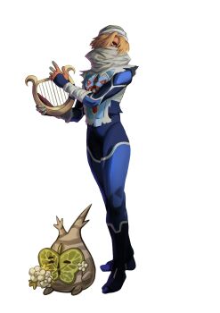 1girl bandaged_arm bandaged_head bandages black_boots blonde_hair blue_bodysuit bodysuit boots commentary creature english_commentary flower full_body hair_over_one_eye highres holding holding_flower holding_instrument holding_lyre instrument korok leaf leaf_on_head lyre nintendo red_eyes reverse_trap robboyu scarf sheik short_hair standing the_legend_of_zelda the_legend_of_zelda:_ocarina_of_time white_background white_flower white_scarf