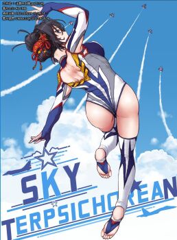 1girl aircraft airplane arm_up ass back back_cutout black_eyes black_hair blue_eyes blue_gloves blue_leotard blue_sky breasts chinese_text clothing_cutout cloud contrail cowboy_shot day elbow_gloves english_text feet fingerless_gloves from_behind gloves hair_ornament hair_up highres jet legs leotard looking_at_viewer looking_back mixed-language_text outdoors profile short_hair sky soles solo song_chengshi(under_the_azure_sky) standing standing_on_one_leg stirrup_legwear thighhighs toeless_legwear toes under_the_azure_sky z.s.w.