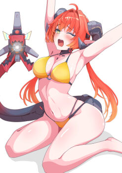 1girl absurdres ahoge aiming aiming_at_viewer alternate_costume armpits arms_up bikini black_horns black_shrug breasts commentary_request curled_horns green_eyes gun hair_intakes highres horns large_breasts long_hair looking_at_viewer magus_(zenless_zone_zero) mechanical_horns mechanical_tail navel o-ring o-ring_bikini one_eye_closed orange_hair orange_pupils orphie_magnusson pointy_ears shianpurin shrug_(clothing) simple_background sitting stomach stretching swimsuit tail tears twintails wariza weapon white_background yawning yellow_bikini zenless_zone_zero