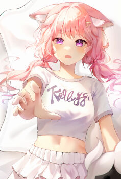 1girl absurdres aged_up animal_ear_fluff animal_ears bed blush breasts cat_ears cloudy_(wuthering_waves) commentary_request encore_(wuthering_waves) from_above hair_ornament highres kemonomimi_mode korean_commentary looking_at_viewer low_twintails lying medium_breasts midriff myu0ng navel on_back on_bed open_mouth outstretched_arm pink_hair purple_eyes shirt short_sleeves skirt solo twintails white_shirt white_skirt wuthering_waves