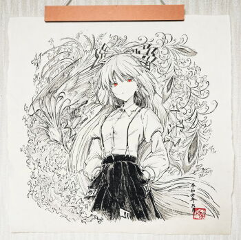 1girl bow closed_mouth collared_shirt commentary_request cropped_legs fine_art_parody fujiwara_no_mokou greyscale hair_bow hands_in_pockets highres hisona_(suaritesumi) long_hair long_sleeves looking_at_viewer monochrome nihonga pants parody photo_(medium) red_eyes seal_impression shirt sleeve_garter solo spot_color standing suspenders touhou traditional_media very_long_hair