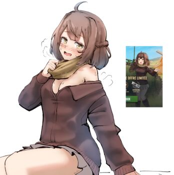 1girl :d ahoge blush breasts brown_hair brown_jacket brown_scarf character_request cleavage commentary english_commentary french_text grey_skirt hamsta hot jacket large_breasts long_sleeves medium_hair miniskirt open_mouth pleated_skirt reference_inset scarf screenshot_inset simple_background sitting skirt smile solo steam sweat translation_request war_thunder white_background yellow_eyes