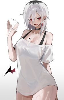 1girl absurdres afterimage bare_shoulders black_bra black_hair black_panties bra breast_tattoo breasts channyy19 commentary contrapposto cowboy_shot earrings fang fanning_self highres jewelry large_breasts medium_hair multicolored_hair open_mouth original panties pointy_ears red_eyes riko_(channyy19) see-through_clothes see-through_shirt shirt silhouette simple_background solo symbol-only_commentary tattoo two-tone_hair underwear wet white_background white_hair white_shirt