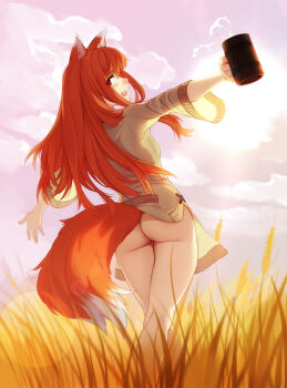 1girl animal_ears ass bottomless brown_hair cloud cloudy_sky commentary cup english_commentary feguimel highres holding holding_cup holo long_hair long_sleeves looking_at_viewer open_mouth outdoors shirt sky solo spice_and_wolf standing sun t-pose tail wheat_field wide_sleeves wolf_ears wolf_girl wolf_tail