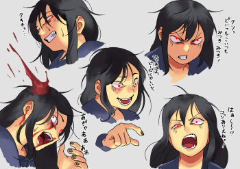 1girl black_hair blood blood_from_ears blood_from_mouth bloody_tears clenched_teeth commentary_request constricted_pupils glowing glowing_eyes grey_nails grin headshot highres narisokonai open_mouth original pointing red_eyes smile teeth translation_request wall-eyed