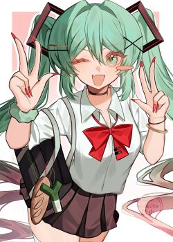 1girl absurdly_long_hair aqua_eyes aqua_hair bag bag_charm baguette black_bag black_choker black_skirt blush_stickers bow bracelet bread charm_(object) choker commentary_request cowboy_shot double_w fang food gradient_hair hair_between_eyes hair_ornament hatsune_miku highres jewelry long_hair looking_at_viewer multicolored_hair nail_polish one_eye_closed pink_hair pleated_skirt red_bow red_nails shirt skirt sleeves_rolled_up solo spring_onion thighs ussame very_long_hair vocaloid w white_shirt wing_collar x_hair_ornament