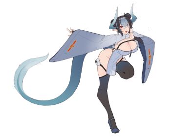 1girl :d absurdres anti-aircraft anti-aircraft_missile black_hair blue_hair bridal_gauntlets chengdu_j-10 chinese_clothes dangodes double_bun eastern_dragon_horns eastern_dragon_tail flat_color gradient_thighhighs hair_bun high_heels highres long_sleeves mecha_musume multicolored_hair no_panties open_mouth original pointy_ears red_eyes scales smile solo war_thunder white_background