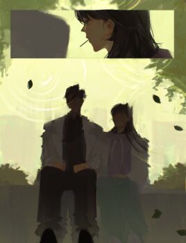 1boy 1girl absurdres black_hair bush coat faceless falling_leaves han_sooyoung hands_on_lap hetero highres hood hoodie kim_dokja leaf lollipop_in_mouth looking_at_reflection lp_(sangkuranak) omniscient_reader&#039;s_viewpoint pov purple_hoodie reflection reflection_focus ripples short_hair sitting white_coat zoom_layer