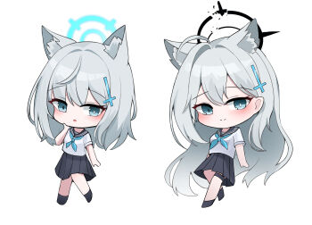 2girls :o alternate_costume animal_ears black_halo black_sailor_collar black_skirt black_socks blue_archive blue_eyes blue_halo blue_neckerchief blush bright_pupils broken_halo chibi chibi_only closed_mouth commentary cross_hair_ornament extra_ears eyes_visible_through_hair full_body grey_hair hair_behind_ear hair_between_eyes hair_ornament halo hand_up highres long_hair looking_at_viewer lunar_(pixiv53683306) medium_hair miniskirt mismatched_pupils multiple_girls neckerchief open_mouth pleated_skirt sailor_collar school_uniform serafuku shiroko_(blue_archive) shiroko_terror_(blue_archive) shirt short_sleeves side-by-side simple_background skirt smile socks split_mouth standing thigh_strap very_long_hair white_background white_pupils white_shirt wolf_ears wolf_girl