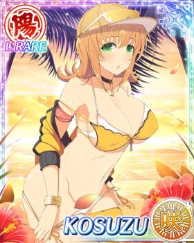 1girl :o ahoge baseball_cap beach bikini black_choker border bracelet breasts card_(medium) changing_clothes character_name choker cleavage convenient_censoring english_text eyewear_on_head flower game_cg green_eyes groin hat jacket jewelry kosuzu_(senran_kagura) large_breasts layered_bikini looking_at_viewer medium_hair navel ocean official_alternate_costume official_art orange_hair palm_tree red_flower senran_kagura senran_kagura_new_wave skindentation solo sunset swimsuit tree wet yellow_bikini yellow_hat yellow_jacket