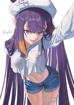 1girl absurdres beret blue_shorts blunt_bangs breasts center-flap_bangs commentary cropped_shirt cross cross_earrings denim denim_shorts earrings english_commentary gradient_hair hat highres hololive hololive_english jewelry kabedon_on_viewer long_hair looking_at_viewer massiveyog midriff multicolored_hair navel ninomae_ina&#039;nis official_alternate_costume orange_hair outstretched_arm pointy_ears purple_eyes purple_hair shirt short_shorts shorts sidelocks simple_background small_breasts solo straight_hair tentacle_hair very_long_hair virtual_youtuber white_background white_hat white_shirt