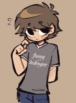 1boy ahoge arm_behind_back black_eyes blue_pants blush_stickers brown_background brown_hair clothes_writing commentary cowboy_shot denim emocheeto english_commentary flying_sweatdrops grey_shirt highres jeans looking_to_the_side male_focus neil_nordegraf pants scott_pilgrim_(series) shirt short_hair shy simple_background smile solo standing thick_lineart