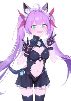Rule 34 | 1girl, :d, absurdres, ahoge, animal ears, aqua eyes, black dress, black gloves, black thighhighs, blue eyes, blush, bow, breasts, cat ears, cleavage, clothing cutout, commission, cowboy shot, double v, dress, fake animal ears, fang, frills, gloves, hair ribbon, highres, hpyer, long hair, looking at viewer, maid headdress, mechanical hands, mechanical tail, medium breasts, navel, navel cutout, open mouth, original, purple hair, red bow, ribbon, second-party source, simple background, skin fang, skindentation, skirt, small breasts, smile, solo, standing, tail, thighhighs, twintails, v, very long hair, white background, wulala (vtuber), zettai ryouiki
