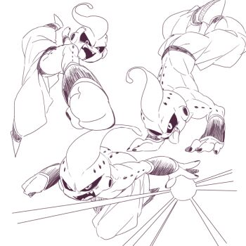 Rule 34 | 1boy, antennae, back, black nails, bracer, colored sclera, commentary, dragon ball, dragonball z, energy ball, evil smile, feet together, fighting stance, full body, hand stand, handstand, hole on body, incoming attack, incoming punch, kid buu, legs apart, legs up, lineart, looking ahead, looking at viewer, looking to the side, majin buu, male focus, multiple views, no eyebrows, open mouth, pants, pectorals, punching, sharp teeth, shirtless male, shoes, simple background, smile, solo, teeth, tongue, tongue out, topless male, upper teeth only