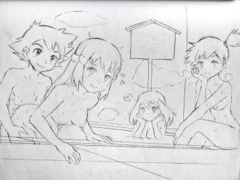 1boy 3girls all_fours ash_ketchum ass bathing bear_position bent_over biting_own_lip blush breasts cleavage completely_nude crossed_legs dawn_(pokemon) doggystyle graphite_(medium) hair_ornament hairclip hand_on_another's_thigh hand_on_own_face hands_on_own_face happy_sex harem head_on_hand head_on_hands head_rest heart hetero high_ponytail highres jonakko long_hair looking_at_another may_(pokemon) medium_breasts misty_(pokemon) mixed-sex_bathing motion_lines multiple_girls nintendo nipples nude onsen partially_submerged pokemon pokemon_(anime) pokemon_(classic_anime) pokemon_dppt_(anime) pokemon_rse_(anime) ponytail rolling_eyes sex sex_from_behind shared_bathing short_hair side_ponytail sign sitting sketch small_breasts smile spoken_heart standing steam sweat traditional_media twitching voyeurism water wet