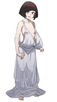 1girl barefoot black_hair bow_(bhp) breasts character_request collarbone colored_inner_hair copyright_request dress full_body green_eyes hairband highres looking_down multicolored_hair open_mouth red_hair red_hairband short_hair simple_background sleeveless sleeveless_dress small_breasts solo standing toes two-tone_hair white_background white_dress