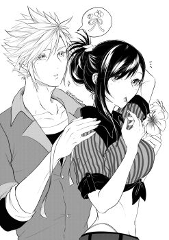 1boy 1girl arm_up belt black_hair breasts closed_mouth cloud_strife cloud_strife_(ocean_chocobo) commentary_request final_fantasy final_fantasy_vii final_fantasy_vii_rebirth final_fantasy_vii_remake food from_side greyscale hair_up highleg highleg_panties highres holding holding_food holding_own_hair holding_ribbon kirinomon large_breasts light_blush long_hair midriff monochrome notice_lines official_alternate_costume panties parted_lips ribbon shirt short_hair short_sleeves single_sidelock sparkle spiked_hair tied_shirt tifa_lockhart tifa_lockhart_(majestic_glamour) twitter_username tying_hair underwear upper_body