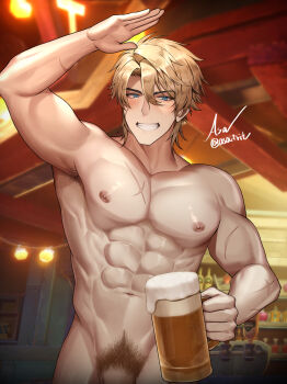 1boy abs absurdres alcohol armpit_hair armpits arms_up asa_ifrit_(asaifrit) beer blonde_hair blue_eyes completely_nude cup genshin_impact highres holding holding_cup male_focus muscular muscular_male navel nipples nude penis pubic_hair scar scar_on_arm scar_on_chest short_hair smile solo stomach teeth varka_(genshin_impact)