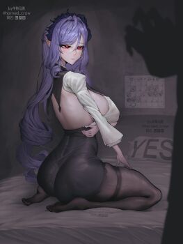 1girl absurdres ass bed black_pantyhose black_skirt breasts calendar_(object) drill_hair feet full_body high-waist_shorts high-waist_skirt highres horned_crow huge_breasts large_breasts long_hair long_sleeves no_shoes on_bed pantyhose pointy_ears purple_hair red_eyes seiza shorts sideboob sitting skirt solo_focus very_long_hair vivian_banshee yes yes-no_pillow zenless_zone_zero