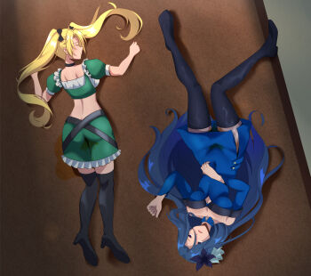 2girls ass black_choker black_thighhighs blonde_hair blue_eyes blue_hair bow breasts choker cleavage closed_eyes closed_mouth corpse death empty_eyes erika_(sokushi_cheat_ga_saikyou_sugite_isekai_no_yatsura_ga_marude_aite_ni_naranai_n_desu_ga) flower hair_bow hair_flower hair_ornament long_hair lyrin_(haireirei) medium_breasts multiple_girls open_mouth pee peeing peeing_self rika_(sokushi_cheat_ga_saikyou_sugite_isekai_no_yatsura_ga_marude_aite_ni_naranai_n_desu_ga) sokushi_cheat_ga_saikyou_sugite_isekai_no_yatsura_ga_marude_aite_ni_naranai_n_desu_ga thighhighs twintails