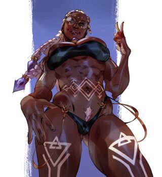 1girl artbynips bikini black_bra black_panties bodypaint bra braid braided_ponytail breasts cameltoe dark-skinned_female dark_skin dolores_(kof) female_focus glasses gluteal_fold huge_breasts jewelry large_breasts multicolored_hair nips nips_(ohnips) panties purple_hair round_eyewear snk solo source_request swimsuit the_king_of_fighters the_king_of_fighters_xv thick_thighs thighs tight_clothes two-tone_hair underwear very_dark_skin white_hair