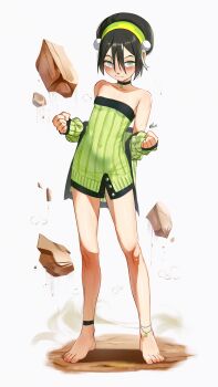 1girl absurdres alternate_costume ankle_strap anklet avatar:_the_last_airbender avatar_legends bare_legs bare_shoulders barefoot black_choker black_hair blush breasts choker clenched_hands collarbone commentary covered_navel debris dress english_commentary female_focus flat_chest floating full_body green_dress green_hairband green_jacket grey_eyes hair_bun hairband highres jacket jewelry levitation looking_at_viewer off-shoulder_dress off_shoulder paid_reward_available pom_pom_(clothes) rock short_hair signature simple_background single_hair_bun small_breasts smile solo standing strapless strapless_dress sweat sweatdrop thighs toph_beifong waligner white_background
