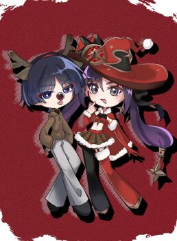 1boy 1girl alternate_costume animal_ears antlers aqua_eyes arm_at_side arms_at_sides asymmetrical_bangs asymmetrical_legwear bandeau black_bow black_hair black_pantyhose black_shoes blunt_bangs blunt_ends border bow bright_pupils brown_hood brown_jacket brown_sleeves cape casual contemporary cosplay crescent crescent_hat_ornament deer_ears detached_sleeves drop_shadow elbow_gloves eyelashes eyeliner eyeshadow fake_animal_ears fake_horns fishnet_top fishnets full-length_zipper full_body fur-trimmed_cape fur-trimmed_skirt fur-trimmed_sleeves fur-trimmed_thighhighs fur_trim garter_belt genshin_impact gloves gold_shoes gold_trim hair_between_eyes hair_bow hairband hand_up hands_in_pockets hat hat_ornament highres hood hood_down hooded_jacket horn_hairband horns index_finger_raised jacket kgt1mzp8wzk83g6 long_hair long_sleeves looking_at_viewer makeup midriff mismatched_legwear mona_(genshin_impact) navel pants pantyhose plaid_clothes plaid_skirt pointing pointing_at_self pom_pom_(clothes) ponytail_holder purple_eyes purple_hair red_background red_bandeau red_cape red_eyeliner red_eyeshadow red_gloves red_hairband red_hat red_nose red_sleeves red_thighhighs reindeer_antlers rudolph_the_red_nosed_reindeer rudolph_the_red_nosed_reindeer_(cosplay) santa_costume scaramouche_(genshin_impact) shoes sidelocks single_detached_sleeve single_glove single_leg_pantyhose single_thighhigh skirt star_(symbol) star_hat_ornament star_print thighhighs tongue tongue_out tsurime twintails white_border white_pants white_pupils witch_hat zipper zipper_pull_tab