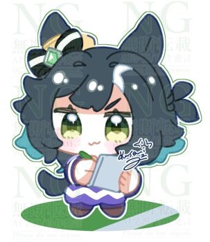 Rule 34 | animal ears, blush, breasts, commentary request, gloves, green eyes, green hair, hat, horse ears, horse girl, horse tail, kiseki (miracle author) (umamusume), kiseki (umamusume), large breasts, medium hair, open mouth, pen, shorts, simple background, tagme, tail, thighs, tkmt3690, umamusume, white background