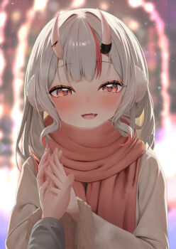 1girl 1other :d absurdres alternate_costume blurry blurry_background blush brown_jacket center-flap_bangs commentary_request earmuffs fang fingernails fur-trimmed_jacket fur_trim grey_hair hair_between_horns hand_grab highres hololive horns jacket kakinotane_e long_hair looking_at_viewer nakiri_ayame oni open_mouth outdoors pink_scarf pov pov_hands red_eyes red_streaks scarf skin-covered_horns skin_fang smile snowing solo_focus upper_body virtual_youtuber