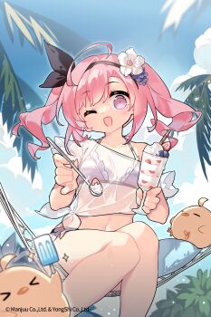 1girl ahoge azur_lane bad_source beach bikini breasts food hammock highres long_hair manjuu_(azur_lane) navel official_art one_eye_closed open_mouth pink_hair popsicle purple_eyes saratoga_(azur_lane) small_breasts solo swimsuit