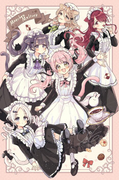 5girls :d :t absurdres animal_ear_fluff animal_ears apron arm_up black_bow black_dress black_hair black_shoes blush bobby_socks bow braid brown_eyes brown_hair candy cat_ears cat_girl cat_tail character_name checkerboard_cookie closed_mouth collared_dress commentary_request cookie cup dress drill_hair floating_hair flower food forehead frilled_apron frilled_dress frills fushigi_na_neko_no_machi_meltier green_eyes grey_eyes grey_hair hair_between_eyes hair_bow hair_flower hair_ornament hair_over_one_eye hairclip hat highres holding holding_candy holding_food holding_lollipop juliet_sleeves knees_up lollipop long_hair long_sleeves looking_at_viewer maid maid_apron maid_headdress makia_(fushigi_na_neko_no_machi_meltier) mob_cap moco_(fushigi_na_neko_no_machi_meltier) multiple_girls nagi_(fushigi_na_neko_no_machi_meltier) open_mouth outstretched_arm pantyhose parted_bangs pink_bow pink_hair pleated_dress ponytail pout puffy_sleeves purple_eyes red_eyes red_hair rucora_(fushigi_na_neko_no_machi_meltier) sakura_oriko saucer shoe_soles shoes smile socks solo spoon suzu_(fushigi_na_neko_no_machi_meltier) tail tail_bow tail_ornament teacup twin_drills twintails very_long_hair white_apron white_flower white_hat white_pantyhose white_socks x_hair_ornament