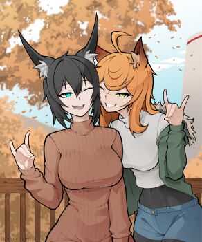 2girls absurdres animal_ear_fluff animal_ears arbor_spirit autumn autumn_leaves black_hair blue_eyes breasts commentary english_commentary falling_leaves fox_ears fox_shadow_puppet highres large_breasts leaf medium_breasts medium_hair multiple_girls one_eye_closed orange_hair original outdoors slit_pupils smile sweater turtleneck turtleneck_sweater yellow_eyes