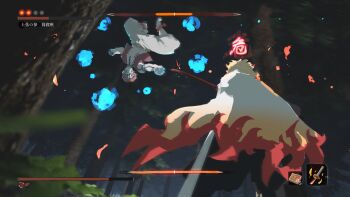 akaza_(kimetsu_no_yaiba) bento black_pants blonde_hair colored_skin demon_slayer_uniform flame_print haori health_bar japanese_clothes katana kimetsu_no_yaiba night pants red_hair red_vest rengoku_kyoujurou samidare_(hoshi) scabbard sekiro:_shadows_die_twice sheath sword translation_request tree user_interface vest weapon white_haori white_skin