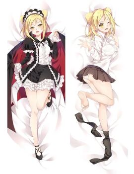 1girl artist_request ass barefoot bed blonde_hair dakimakura_(medium) demi-chan_wa_kataritai dress fangs feet hair_ornament looking_at_viewer nails panties shirt skirt socks soles solo source_request takanashi_hikari toenails toes underwear unworn_socks upskirt vampire vampire_costume white_shirt yellow_eyes