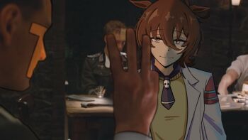 1girl agnes_tachyon_(umamusume) ahoge animal_ears brown_hair commentary english_commentary finger_counting hair_between_eyes highres horse_ears horse_girl inglourious_basterds johnholl0w long_sleeves middle_w scene_reference shirt smile t-head_trainer_(umamusume) trainer_(umamusume) umamusume w